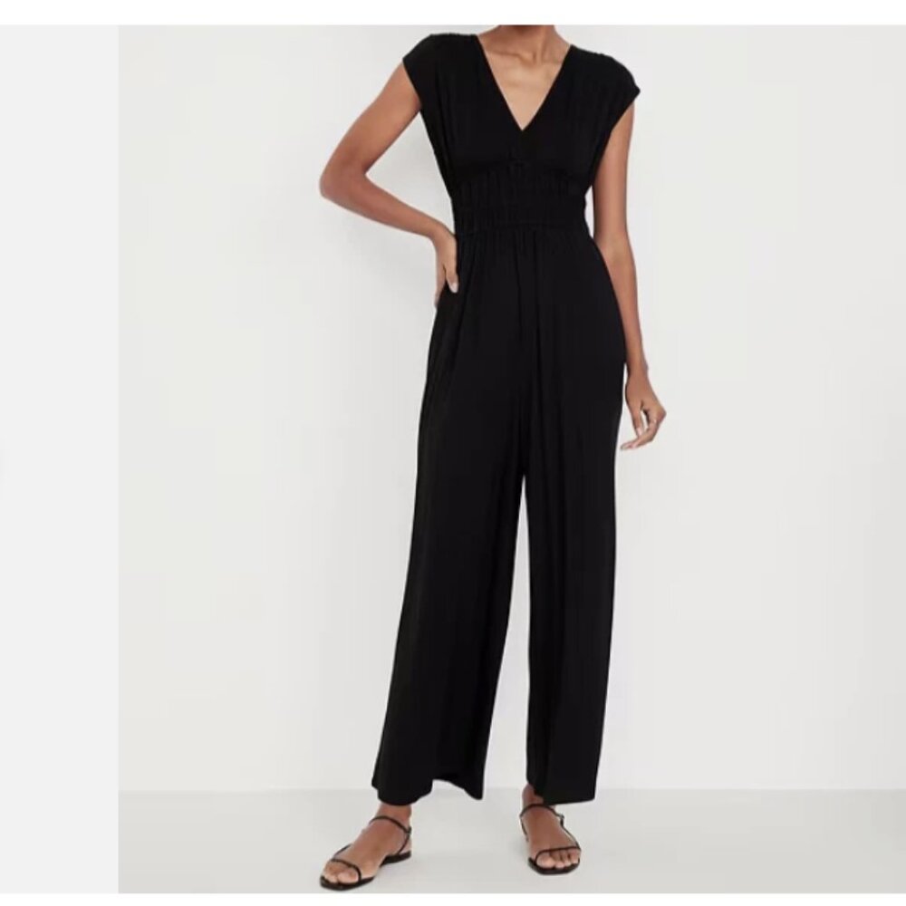 OLD NAVY WOMEN'S BLACK Waist-Defined Wide-Leg Jumpsuit S
